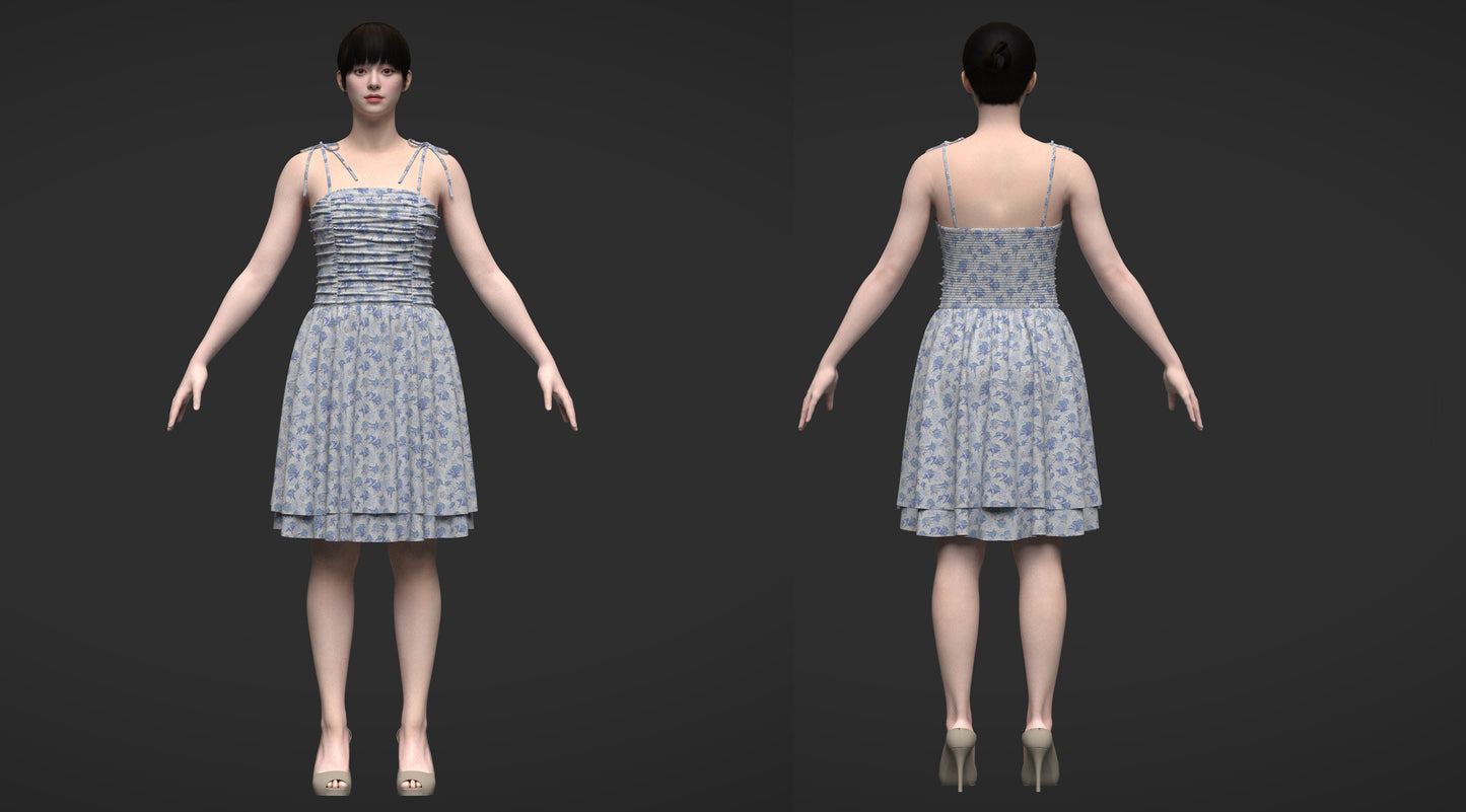 Tie Shoulder Layered Ruched Cami Dress 3d Model Marvelous Designer-Clo3d-fbx-obj-Zprj