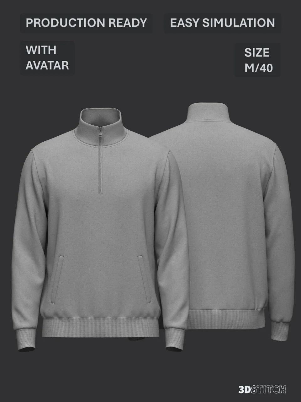 Male Quarter Zip Stand Collar Jacket 3d Model Marvelous Designer-Clo3d-fbx-obj-Zprj