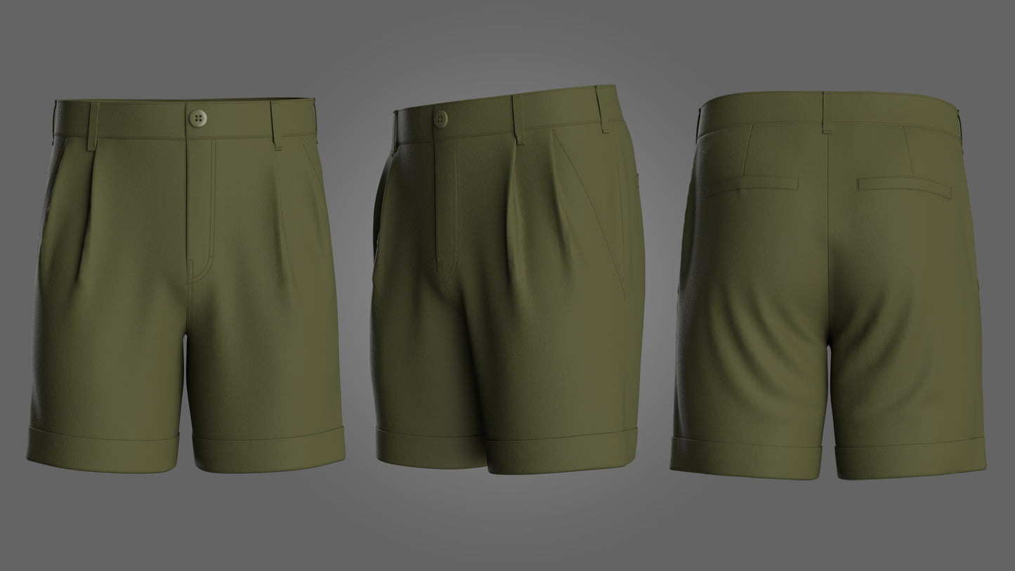 Male Double Pleated Cuffed Shorts 3d Model Marvelous Designer-Clo3d-fbx-obj-Zprj