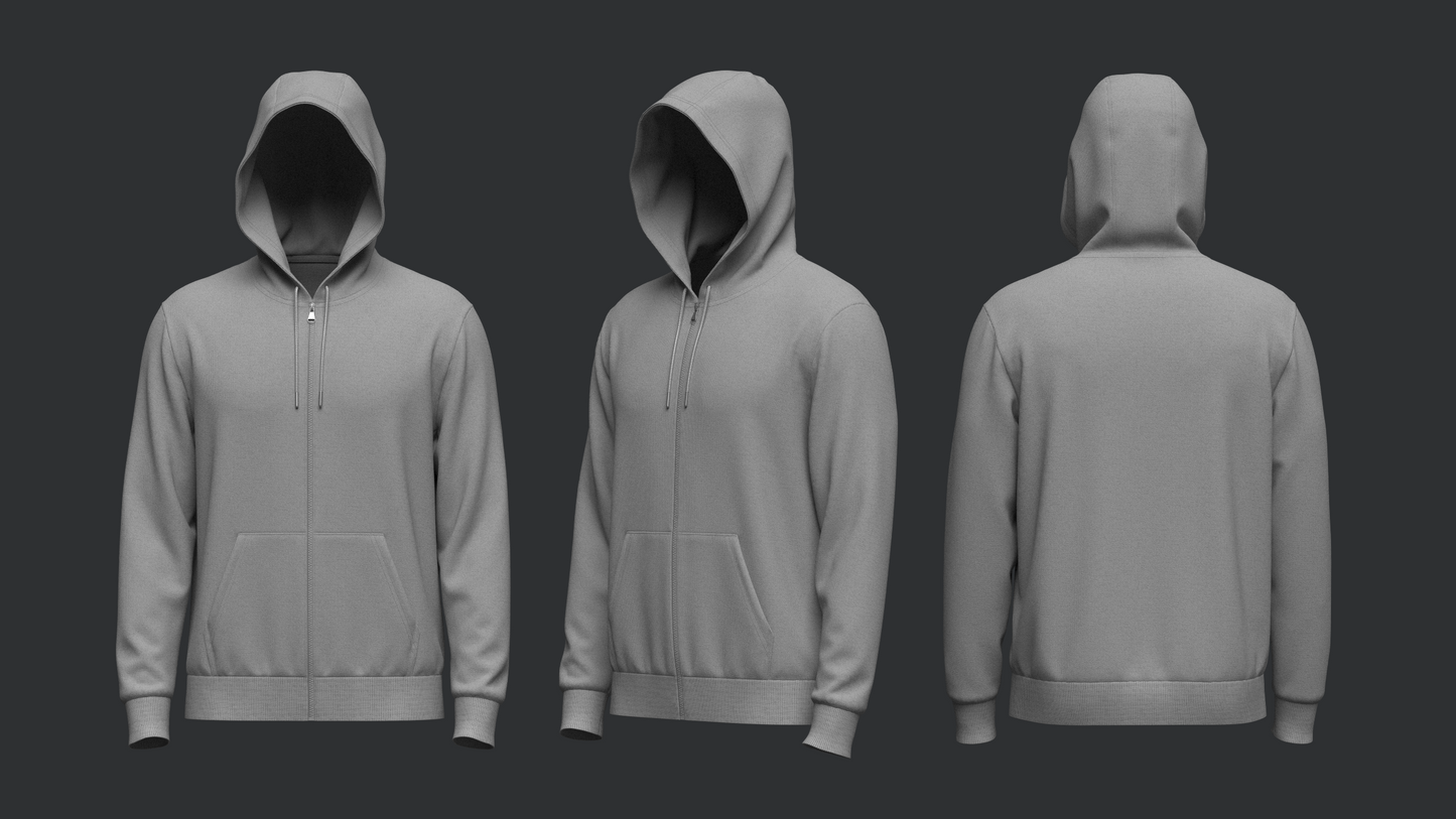 Male Front Zip Hoodie Hood Up 3d Model Marvelous Designer-Clo3d-fbx-obj-Zprj
