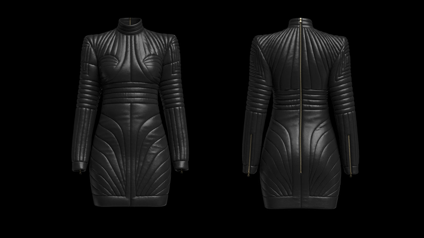 Women Leather padded dress 3d Model Marvelous Designer-Clo3d-fbx-obj-Zprj